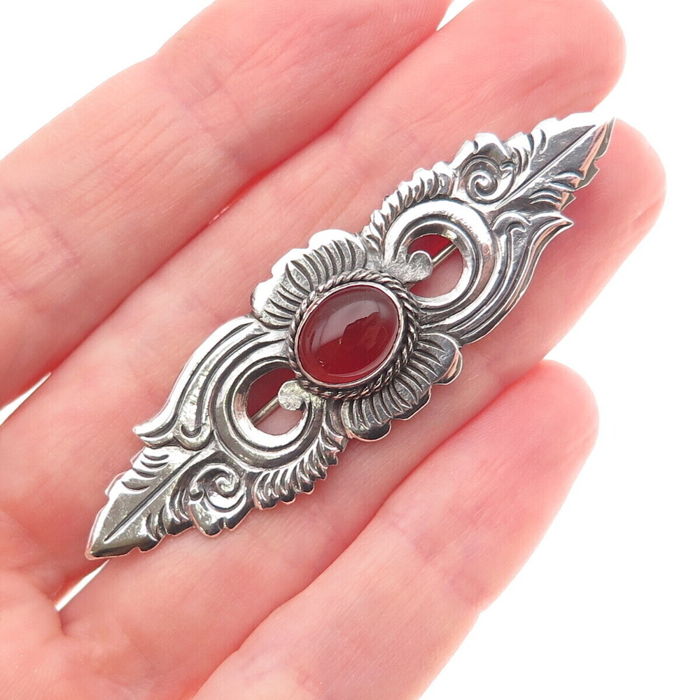 925 Sterling Silver Vintage Real Carnelian Floral Oxidized Pin Brooch